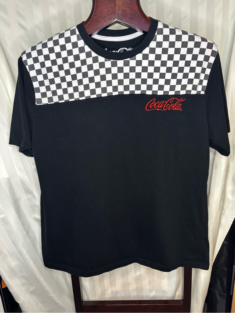 Coca Cola Black Tee with Checkerboard Shoulder and Red Logo